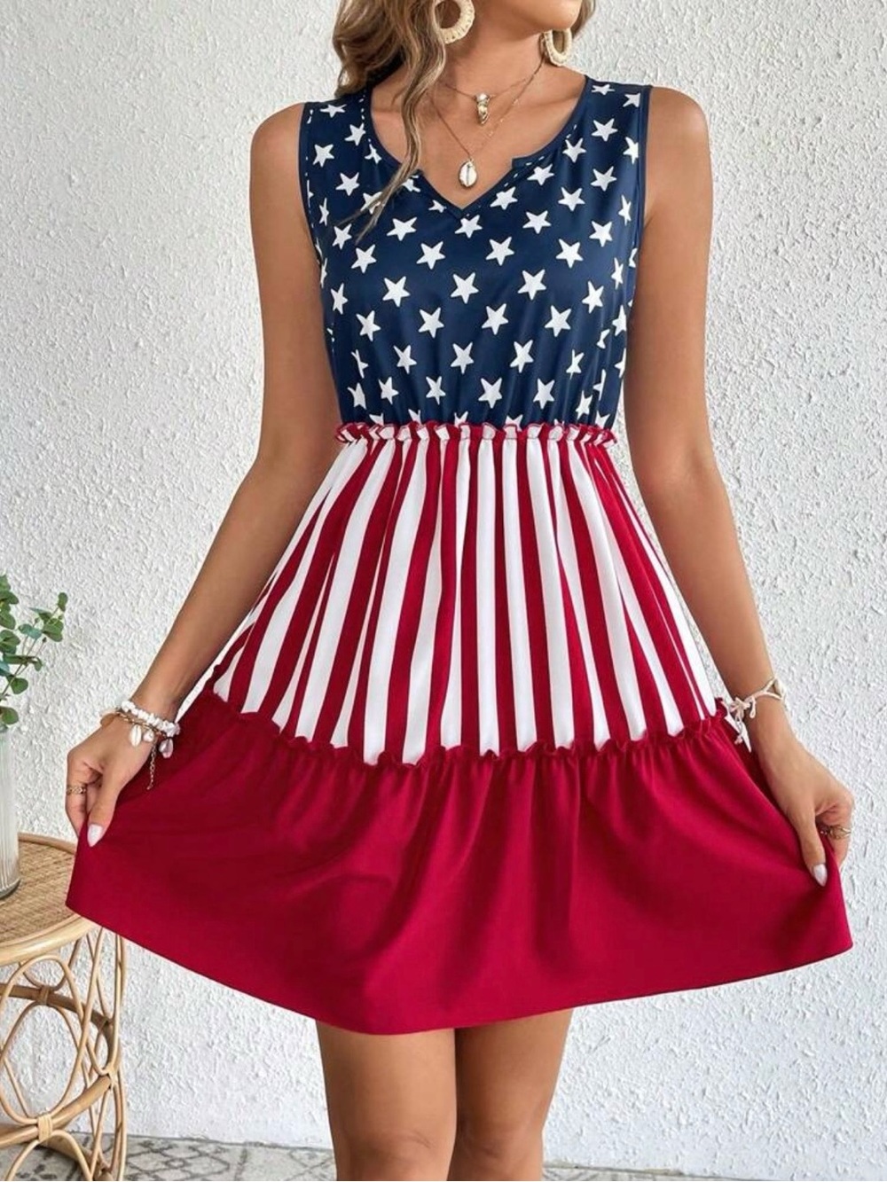 Sleeveless Navy Star & Red Stripe Summer Dress